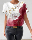 Crew Neck Floral Print Color Block T-Shirt