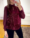 Mesh Sleeve Sequined Crew Neck Top