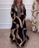 Casual Printed Long Sleeve V-Neck Dress