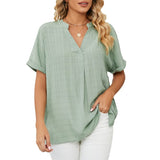 Women Loose Split V-Neck Flowy Plain Short Sleeve