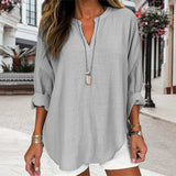 V-neck Plain Long Sleeve Linen Casual Shirt Blouse