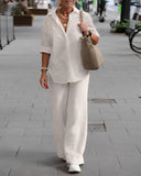 Casual Cotton and Linen Solid Color Long Sleeve Shirt and Pants Suit