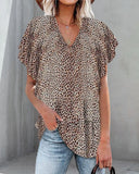 V Neck Leopard Flutter Short Sleeve Top