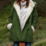 Women Fleece Lined Hooded Horns Buckle Parka Jacket with Pockets