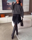 Off-Shoulder Loose Jumper & Lace Hem Dress