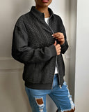 Lapel Cable Textured Zip Up Coat