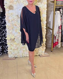 Contrast Color V-Neck Off-The-Shoulder Dress