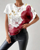 Crew Neck Floral Print Color Block T-Shirt