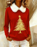 Fur-Collar Printed Long-Sleeved Top