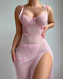 Mesh Butterfly High Slit Suspender Dress