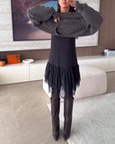 Off-Shoulder Loose Jumper & Lace Hem Dress