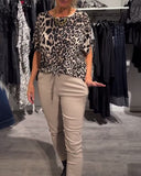 Round Neck Leopard Print Short-Sleeved Blouse