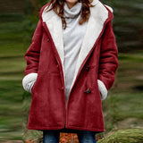 Women Fleece Lined Hooded Horns Buckle Parka Jacket with Pockets