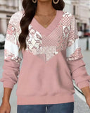 Waffle Floral Print V-Neck Sweatshirt