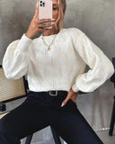 Lantern Sleeve Jacquard Crew Neck Sweater