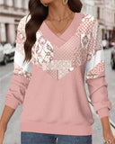 Waffle Floral Print V-Neck Sweatshirt