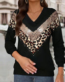 V-Neck Leopard Print Sweatshirt