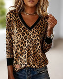 V-Neck Leopard Print Patchwork Long-Sleeve Top
