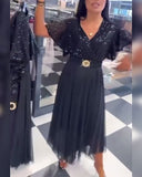 V-Neck Mesh Hem Fashion Dress