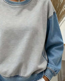Round Neck Denim Patchwork Sweatshirt
