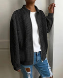 Lapel Cable Textured Zip Up Coat