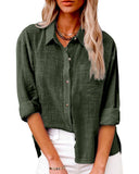 Plain Casual Linen Pocket Button Long Sleeve Blouse