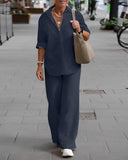 Casual Cotton and Linen Solid Color Long Sleeve Shirt and Pants Suit