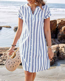 Stand Collar Short Sleeve Striped Cotton And Linen Dress