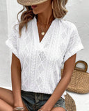 V-Neck Solid Color Hollow Breathable Blouse