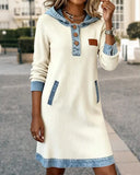 Hooded Button-Detailed Denim Paneled Dress