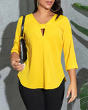 Solid Color V-Neck Hollow Top