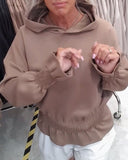 Hooded Shirred Long-Sleeved Ruffle Trim Sweatshirt