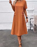 Casual Pleated Short Sleeve Crew Neck Dress