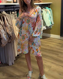 V-Neck Retro Floral Print Lantern Sleeve Dress