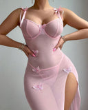 Mesh Butterfly High Slit Suspender Dress
