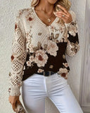 V-Neck Floral Print Hollow Sweater