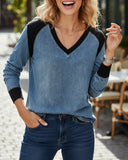 Long-Sleeved V-Neck Contrasting Color Pullover Sweater