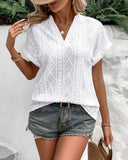 V-Neck Solid Color Hollow Breathable Blouse
