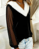 Fur-Collar Spliced Long-Sleeved Top