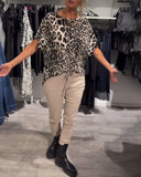 Round Neck Leopard Print Short-Sleeved Blouse