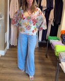 V-Neck Floral Colorful Print Blouse