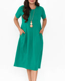 Round Neck Short Sleeve Pleated Lantern Dress