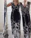V-Neck Printed Vintage Dress
