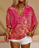 Casual Loose V-Neck Printed Batwing Sleeve Blouse