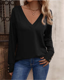 Solid V Neck Long Eyelet Sleeve Shirt