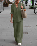 Casual Cotton and Linen Solid Color Long Sleeve Shirt and Pants Suit