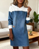 Hooded Denim Patchwork Drop Shoulder Dress