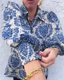 Lapel And Elegant Puff Sleeve Printed Blouse