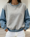 Round Neck Denim Patchwork Sweatshirt