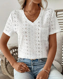Lace V-Neck Solid Color Hollow Simple Blouse